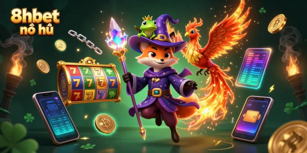 Experience the thrill of 8xbet nổ hũ with mystical characters and vibrant slot game elements swirling around.