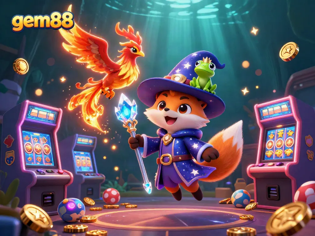 Experience the excitement of gem88 with a captivating illustration of a wizard fox and phoenix in a magical casino setting.