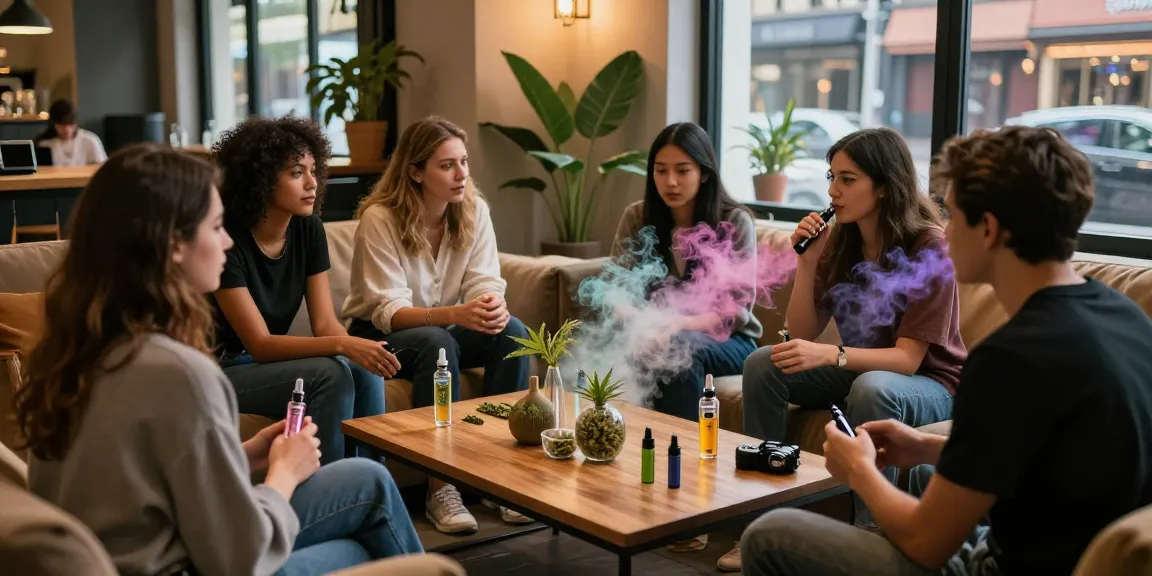 Relaxed group enjoying various thc vape products in a chic lounge.