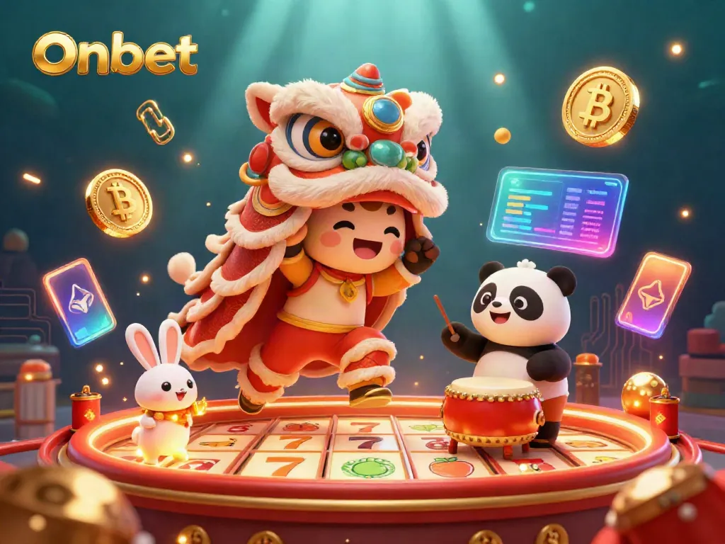 Experience a thrilling Onbet casino scene featuring a lion dance, drumming panda, and interactive slot reels.
