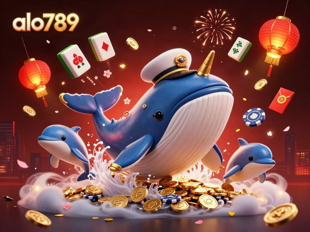 Experience the excitement of alo789 with a whale and dolphins in a vibrant casino scene.