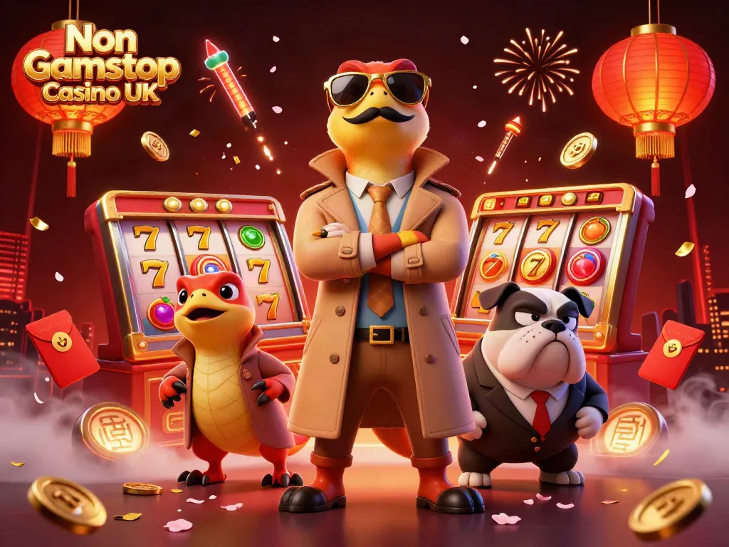 Non Gamstop Casino UK scene with raptors and a bulldog bouncer in an exciting casino atmosphere.