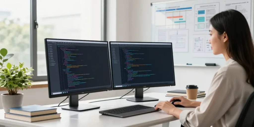 Submit software article in a modern software development workspace with coding displays and collaborative elements.
