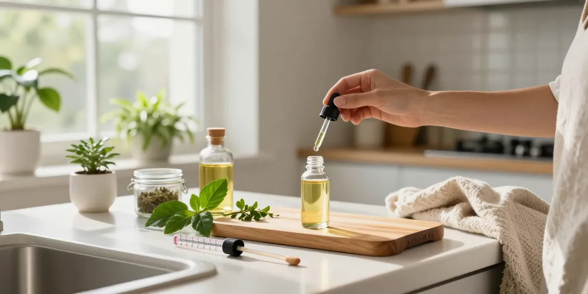 Preparing organic cbd isolate canada tincture in a bright kitchen, highlighting natural wellness.