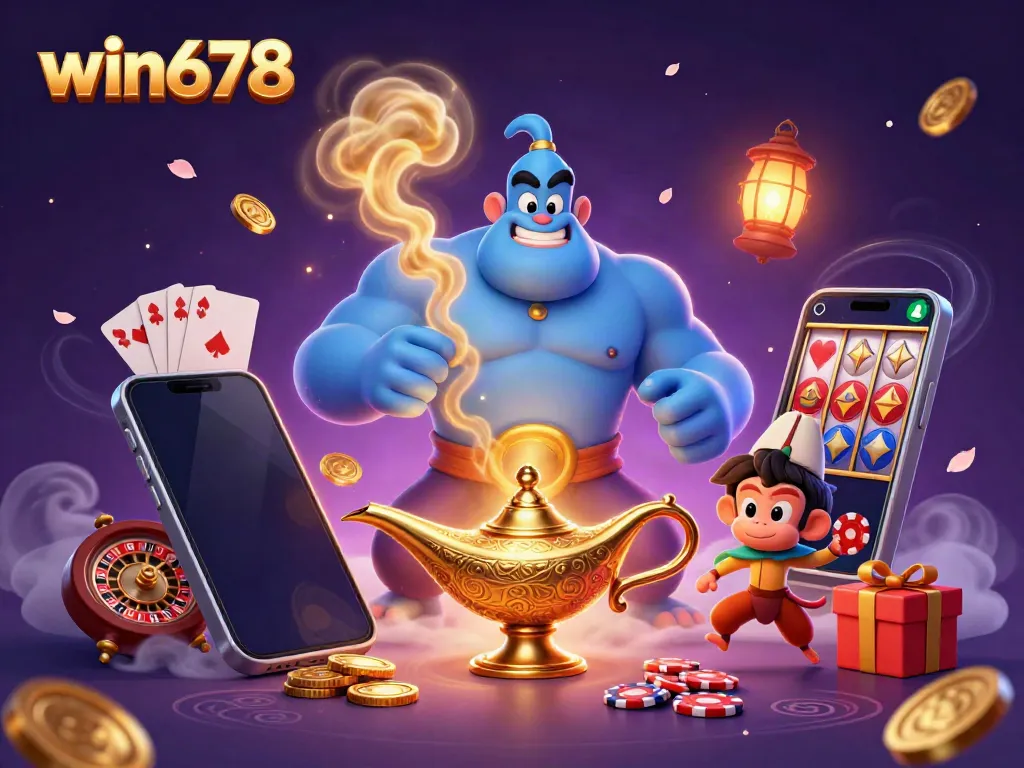 Experience the thrill of win678 with a genie, poker chips, and colorful casino elements.