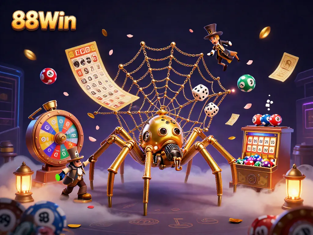 Engage in the thrilling world of 88Win as a steampunk spider catches dice in a vivid casino scene.