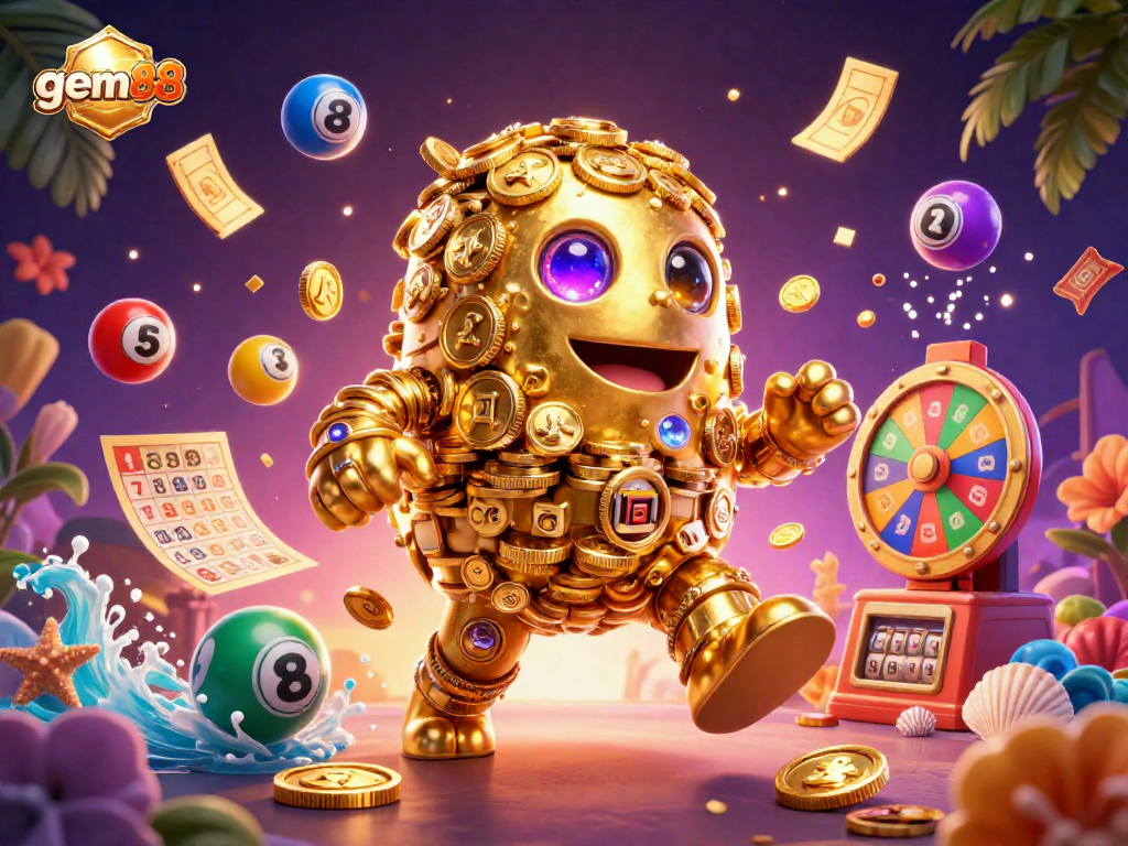 Join the excitement at gem88 with a golden golem and vibrant lottery elements bringing life to online betting adventures.
