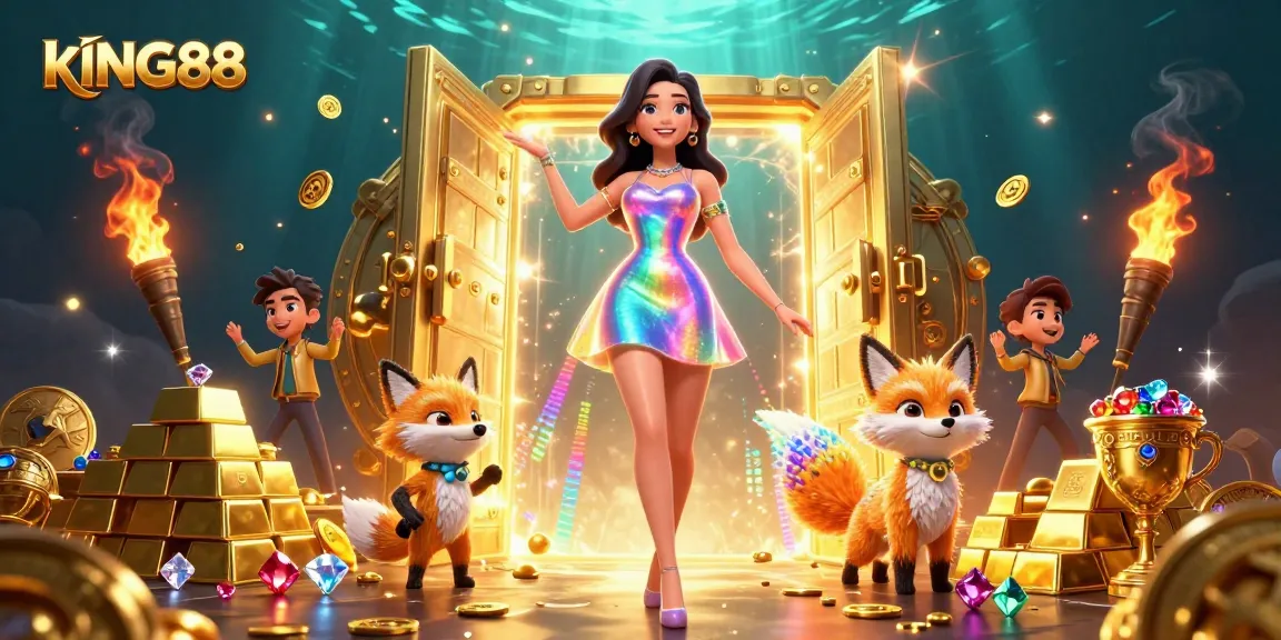 Experience thrilling gaming adventures at kING88 with dazzling casino elements and treasures.