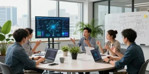 Engineers discussing edge computing solutions in a modern office workspace, showcasing collaborative technology development.