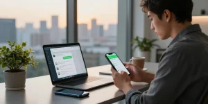 WhatsApp下載 app displayed on smartphone in a modern workspace, highlighting communication technology.