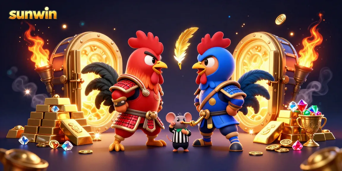 Engage with sunwin's exciting online cockfighting action featuring vibrant roosters and treasures.