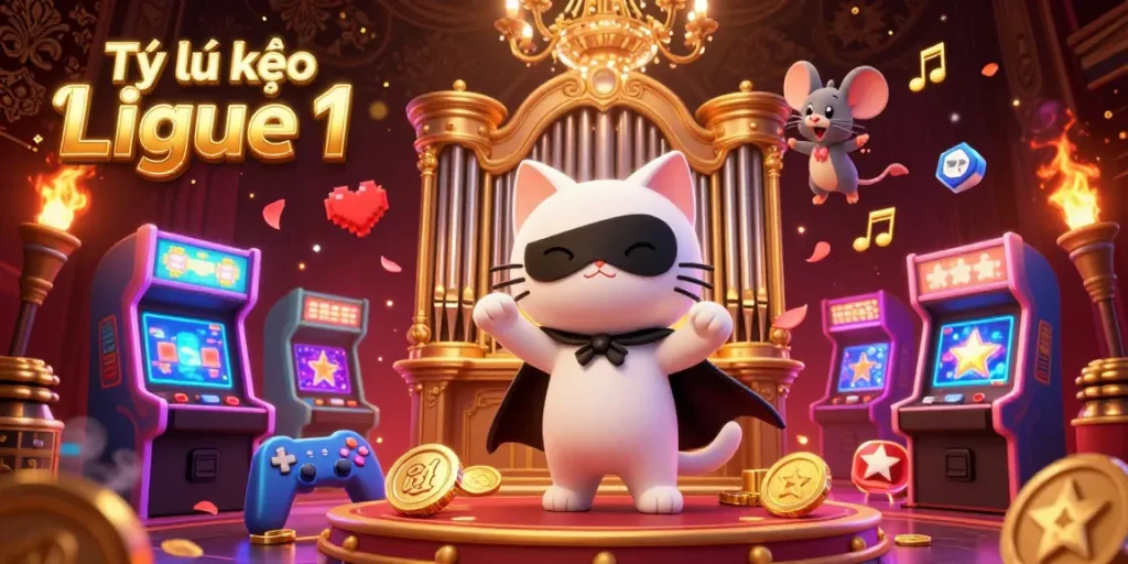 Tỷ lệ kèo Ligue 1 vibrant illustration depicting a 3D white cat organist and mouse acrobat in a lively casino scene.