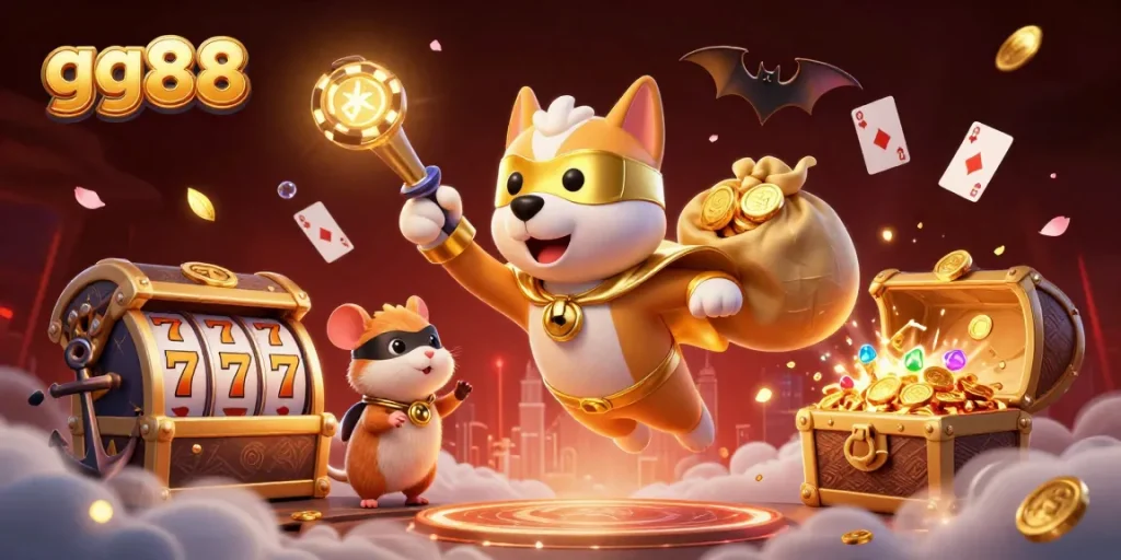 Experience exciting gameplay with gg88, featuring a superhero dog, slots, and vibrant gold coins.