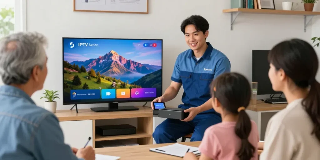 IPTV services provided by a trusted local professional showing devices to a family.