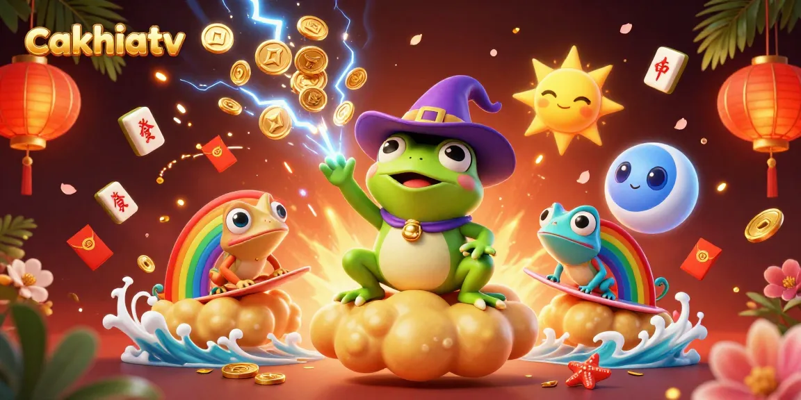 Cakhiatv showcases a dynamic scene of a whimsical frog conjuring golden coins amidst festive sports betting elements.