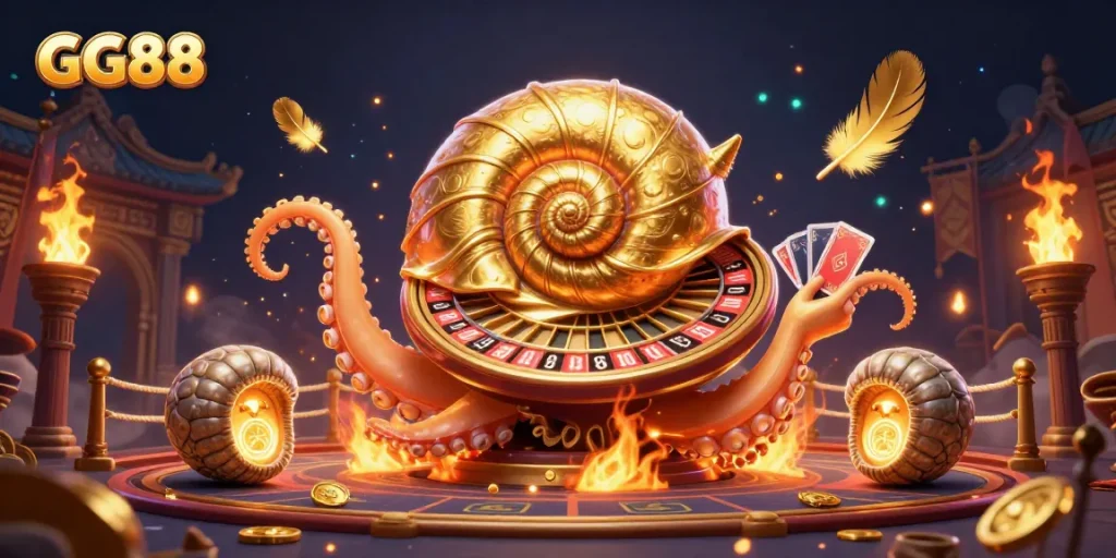 Engage with GG88's vibrant casino scene featuring a nautilus roulette wheel surrounded by thrilling gaming elements.
