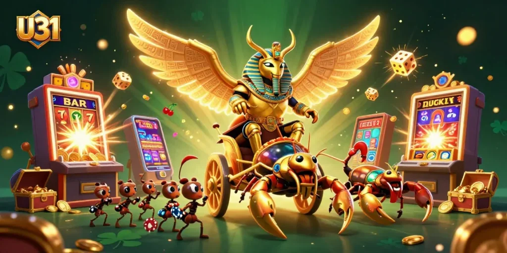 Engage with U31's vibrant casino games featuring a golden scarab beetle and slot machines bursting with treasures.