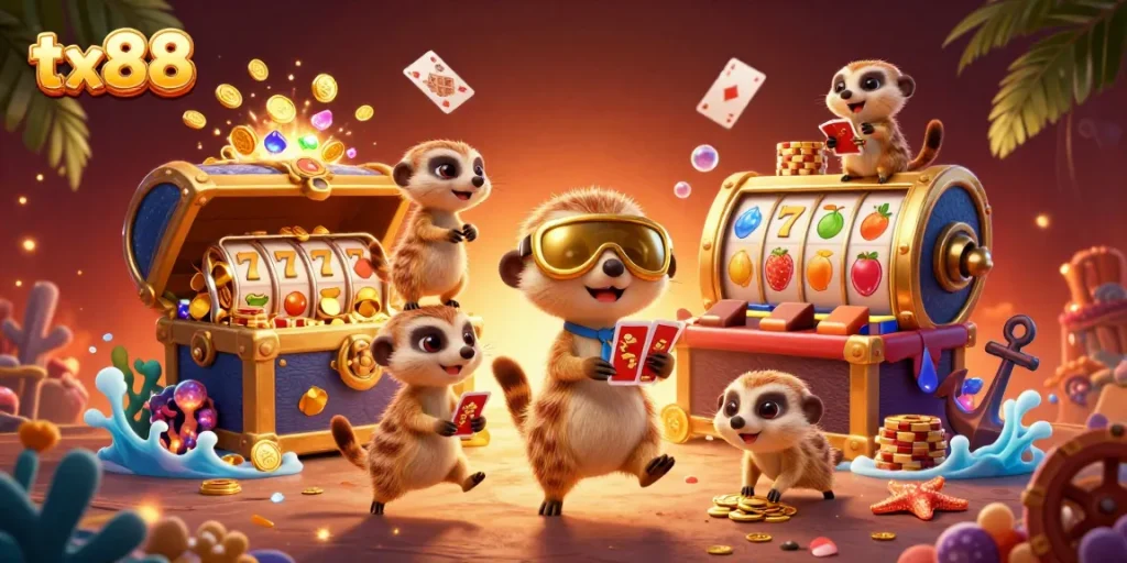 Experience the lively tx88 casino with meerkats playing cards, surrounded by vibrant treasures and gems.