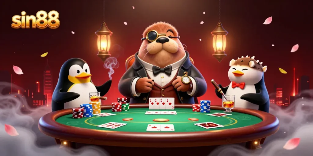 Join the sin88 poker game with a jolly walrus bluffing at an underwater table.