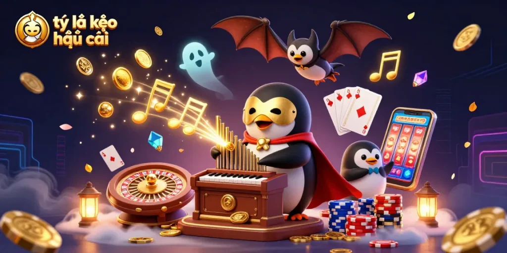 Engage with tỷ lệ kèo nhà cái in a vibrant casino scene featuring a phantom penguin and dynamic elements.