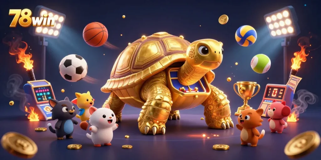 Experience thrilling gameplay at 78win with a colossal tortoise pinball machine and vibrant sports elements.