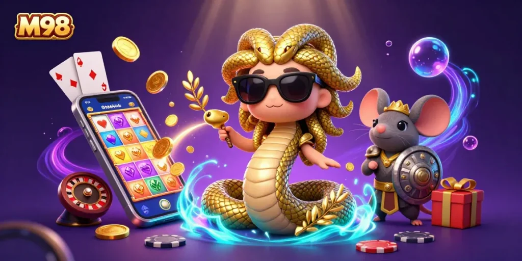 M98 game excitement with Medusa, a warrior mouse, and dynamic casino elements.
