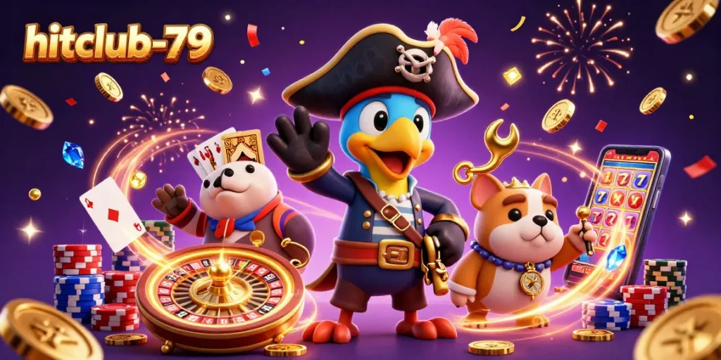 Spin to win at hitclub-79 with a vibrant 3D pirate scene filled with dazzling casino elements.