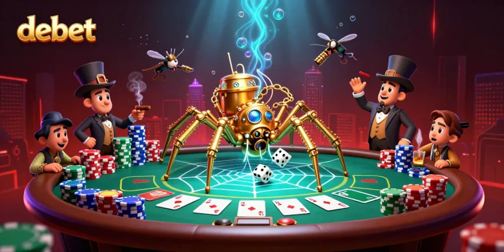 Experience the debet casino world with a steampunk spider and poker elements in a vibrant 3D scene.