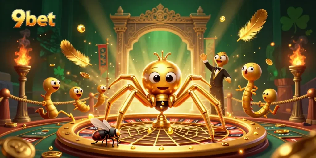 Bet on 9bet's exciting casino experience with a golden spider spinning a roulette-themed web.