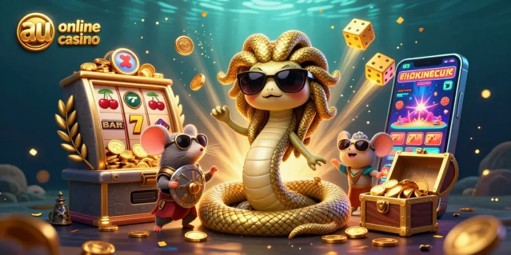 Play at au online casino with a vibrant 3D illustration of a Medusa and warrior mouse amidst exciting slot game elements.