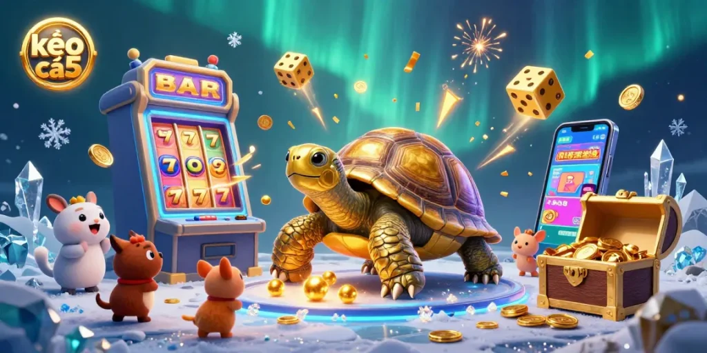 Engage with kèo nhà cái 5 featuring a golden tortoise pinball machine and dynamic casino elements.