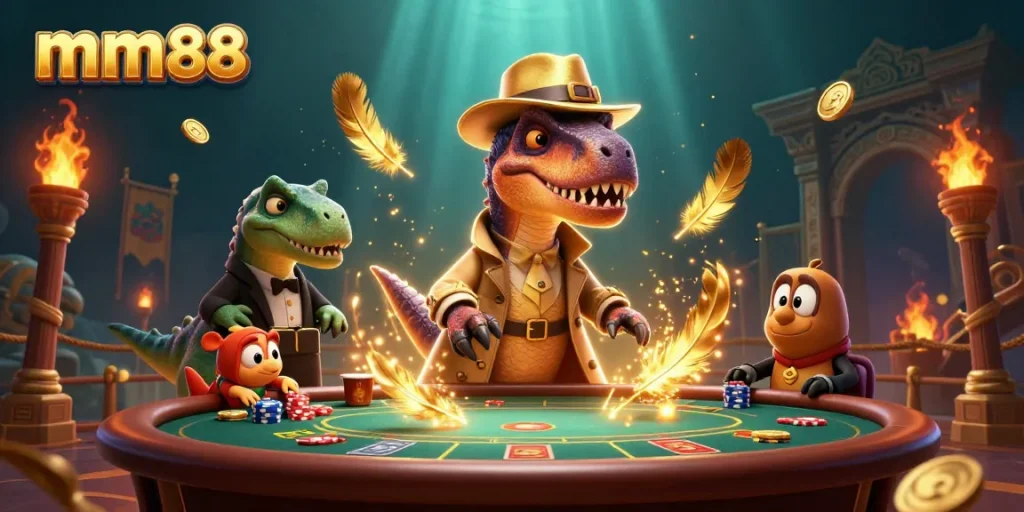 Experience thrilling blackjack action at mm88 with a cunning velociraptor counter and lively casino ambiance.