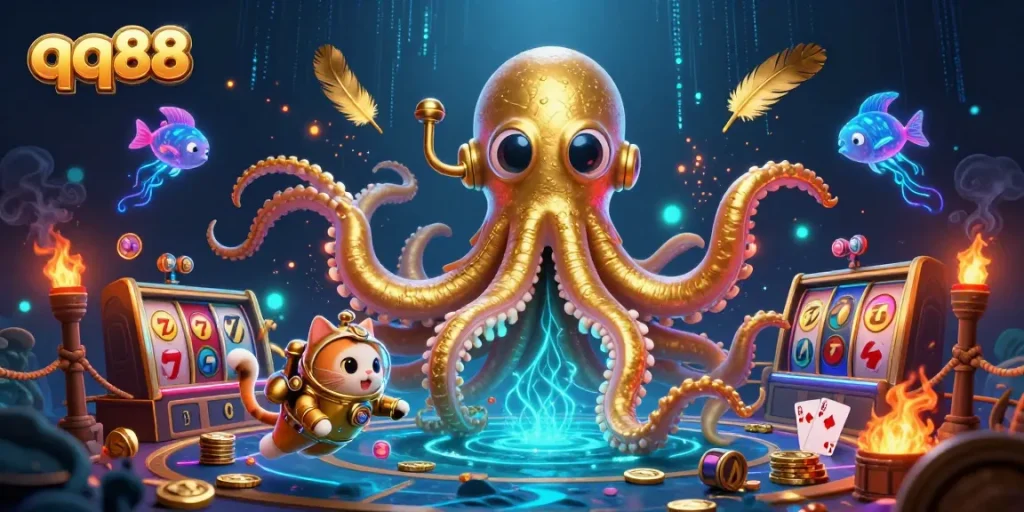 Engage in thrilling moments with qq88, featuring a kraken, diving cat, and vibrant casino elements.