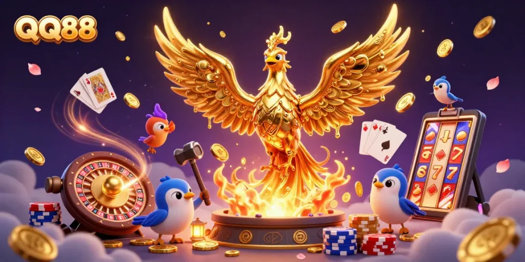 Experience winning action with QQ88 as a golden phoenix and coins fly in this stunning casino scene.