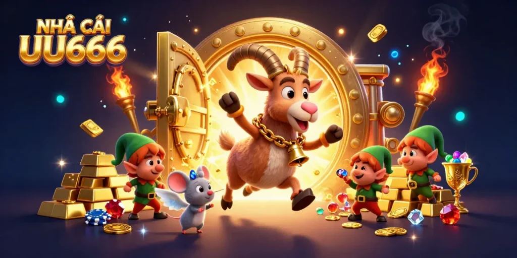 Engaging illustration of NHÀ CÁI UU666 featuring a festive slots-themed casino with characters delivering a lively gaming experience.