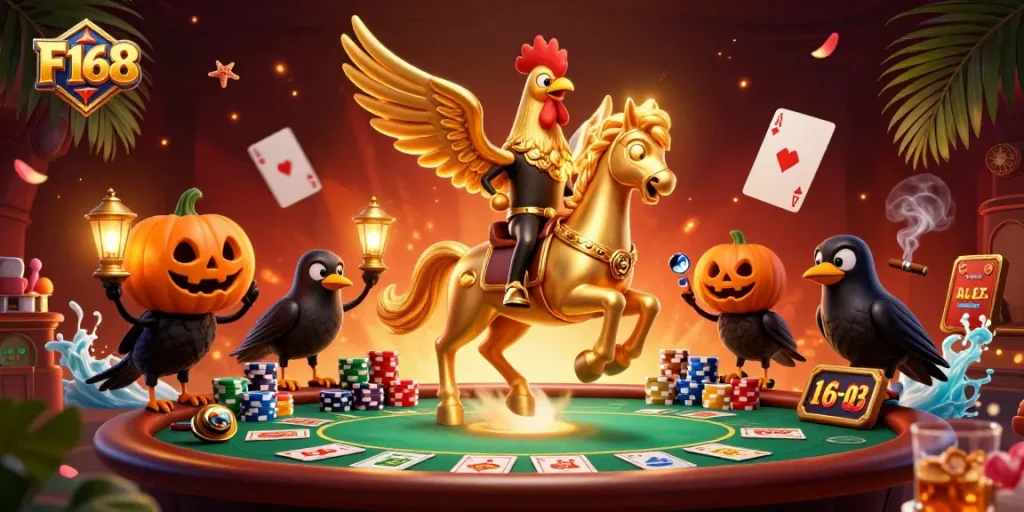 Engage with the dynamic F168 casino scene featuring a golden rooster and poker elements.