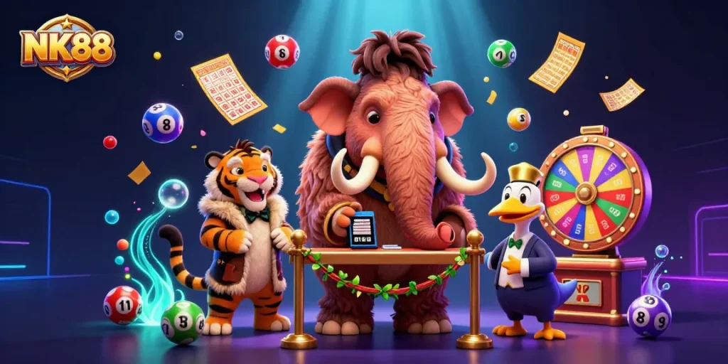 Experience thrilling entertainment at NK88 with colorful lottery elements and dynamic casino characters.